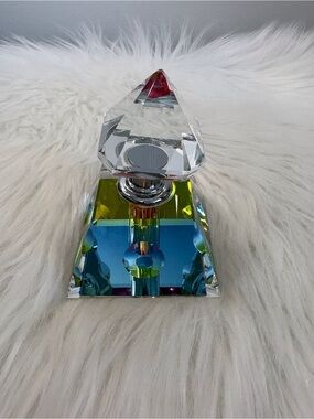 Source Unknown Clear Crystal Pyramid with Blue, Green and Yellow Accents